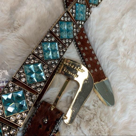 Men's West Star Texas Leather Bling Belt with Blue Crystal Conchos Size Large - Picture 3 of 11